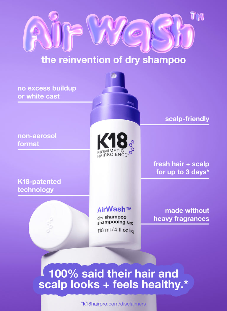 K18 AirWash dry shampoo bottle with features listed on a purple background