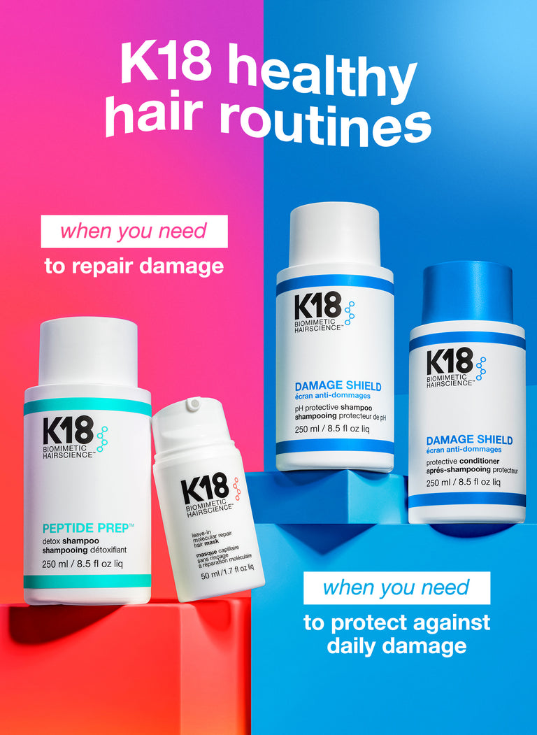 Image of K18 routine: K18 healthy hair routines, when you need to repair damage (detox shampoo + leave-in mask, when you need to protect against daily damage (pH shampoo + conditioner)