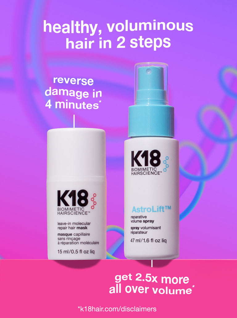K18 hair care products on a colorful background with text about hair health and volume.