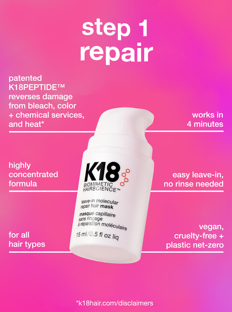 K18 hair mask bottle with product features on a pink background
