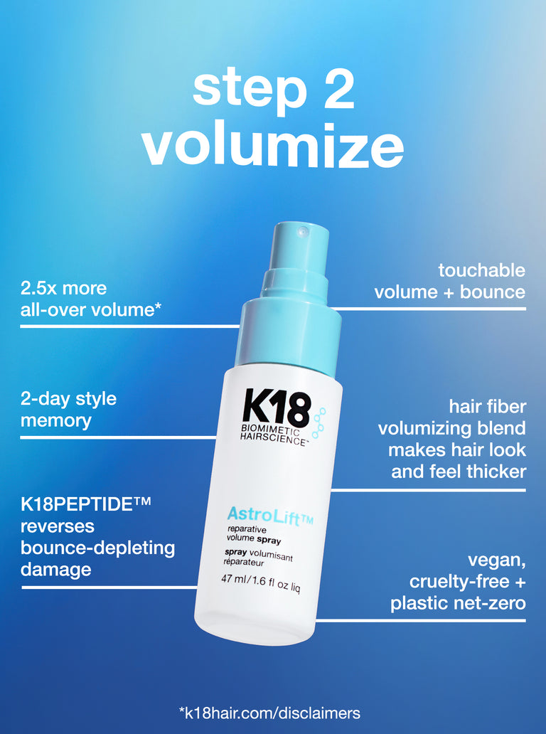 K18 Astrolift mini bottle with product features on a blue background