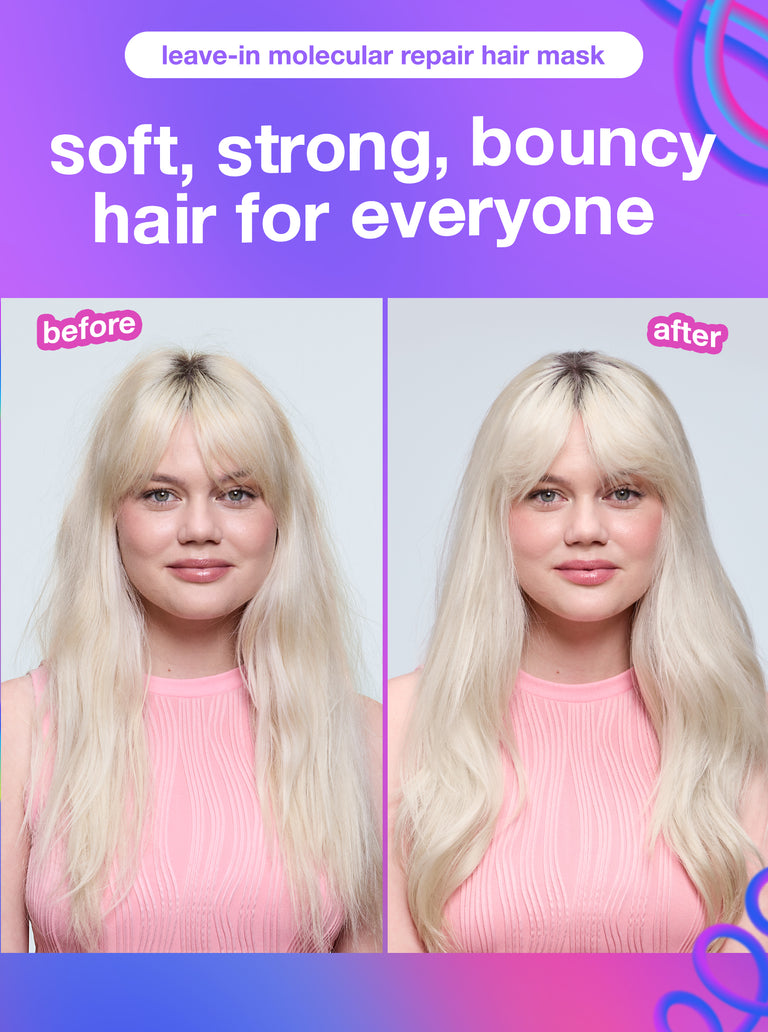 Before and after comparison of a woman's hair with a leave-in molecular repair hair mask on a purple background.