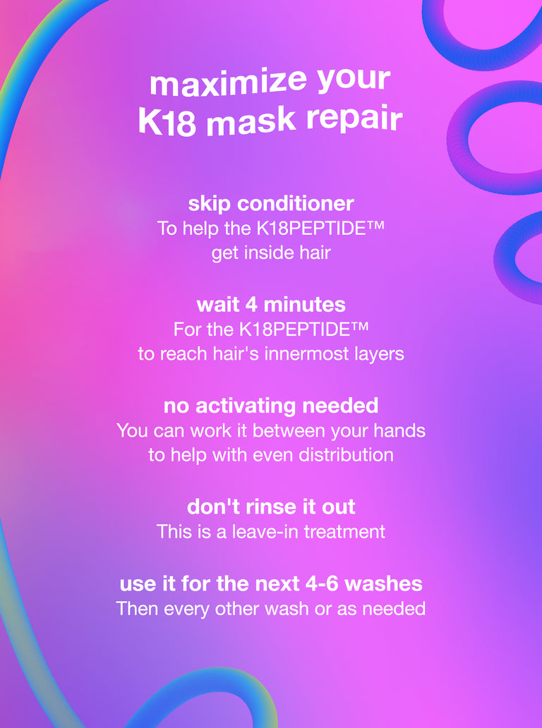 Instructions for using a K18 mask repair treatment on a colorful background