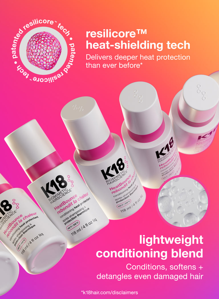 K18 Heatbounce Heat protectant with ressilicore heat-shielding technology on a pink background