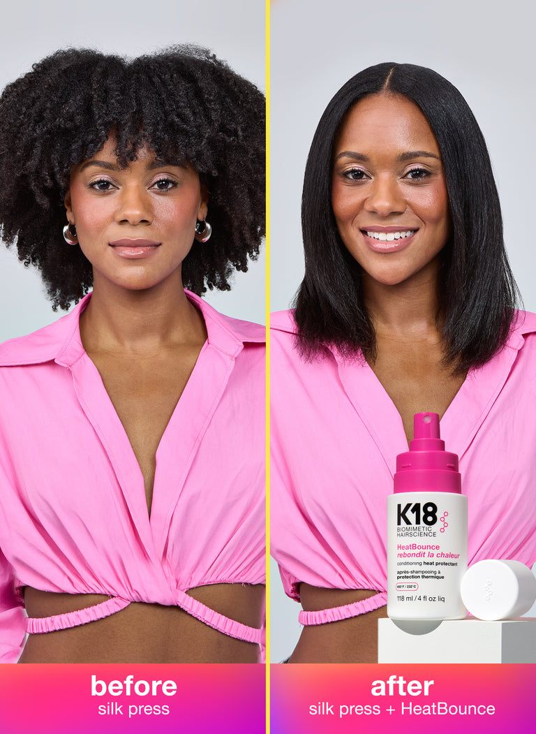 Before and after comparison of a woman with hair treated using K18 products.