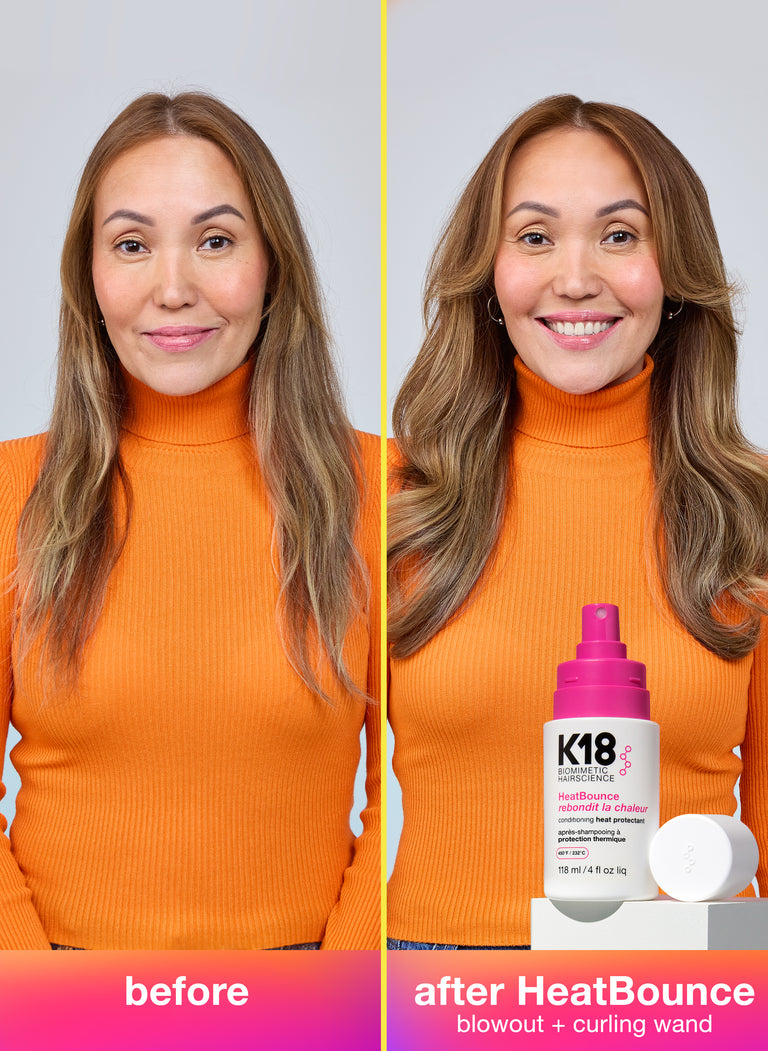 Before and after comparison of a woman's hair with K18 HeatBounce product.