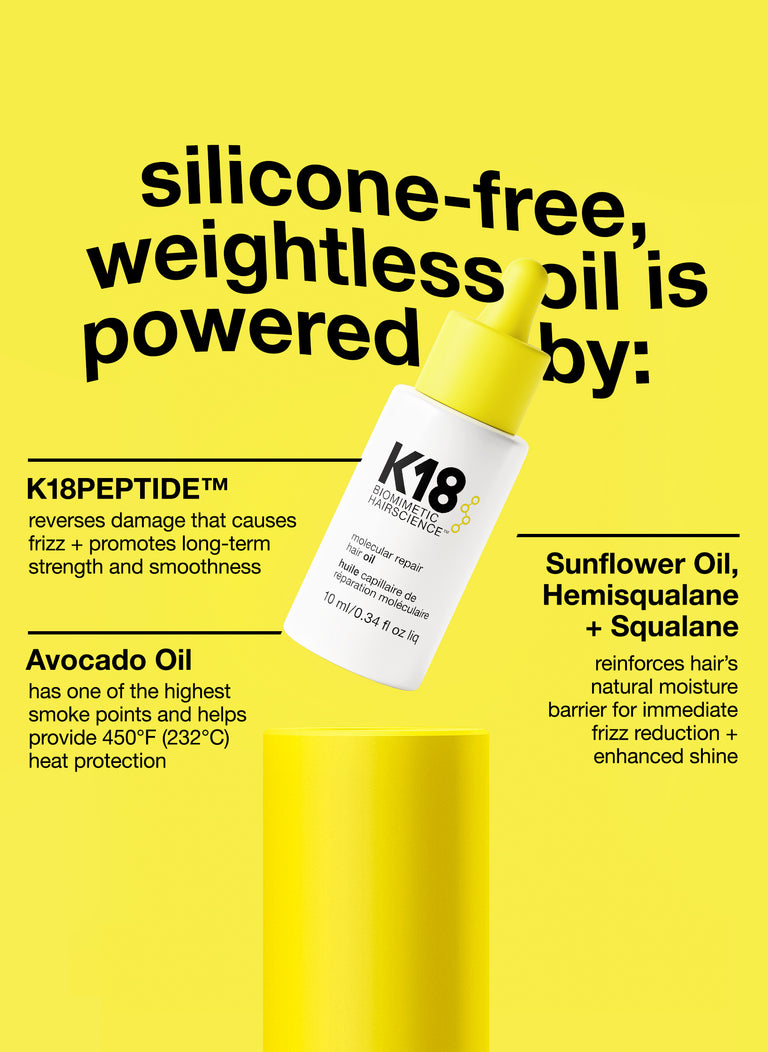 silicone-free weightless oil is powered: K18PEPTIDE(TM), Avocado Oil, Sunflower Oil, Hemisqualane + Squalane.