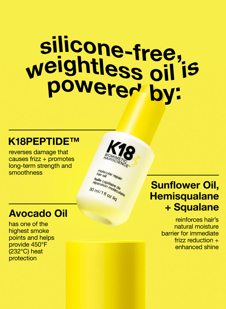 silicone-free weightless oil is powered: K18PEPTIDE(TM), Avocado Oil, Sunflower Oil, Hemisqualane + Squalane.