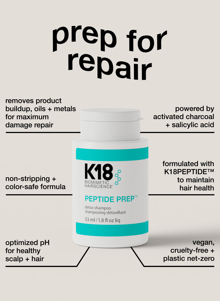 Mini detox shampoo bottle with detailed information about benefits of the product.