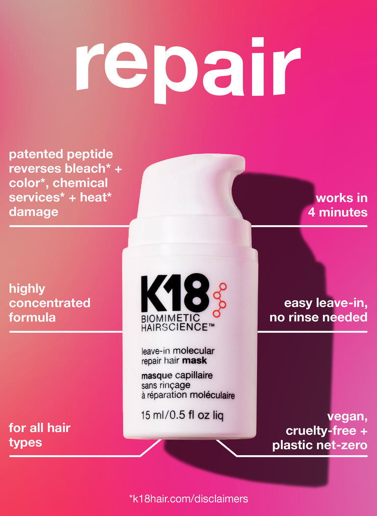 mini hair mask bottle with detailed descriptions of benefit of mask.