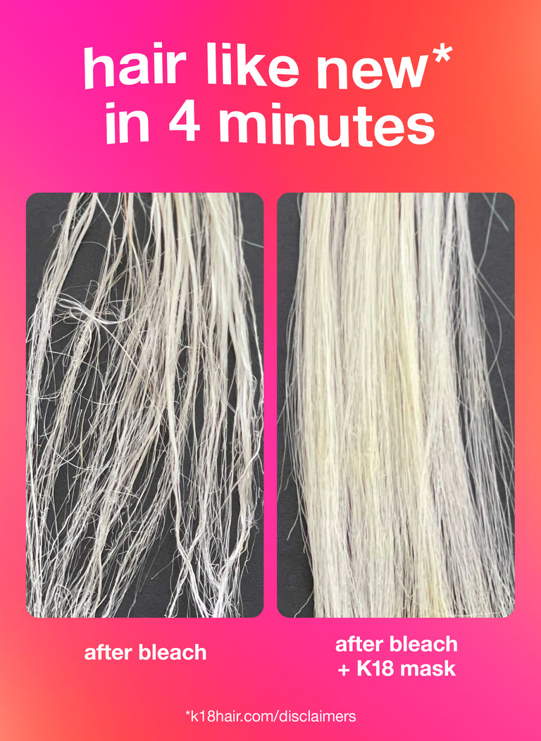 Hair strands after using bleach that are damaged compared to strands of hair that were bleach followed by the k18 hair mask which are healthy.