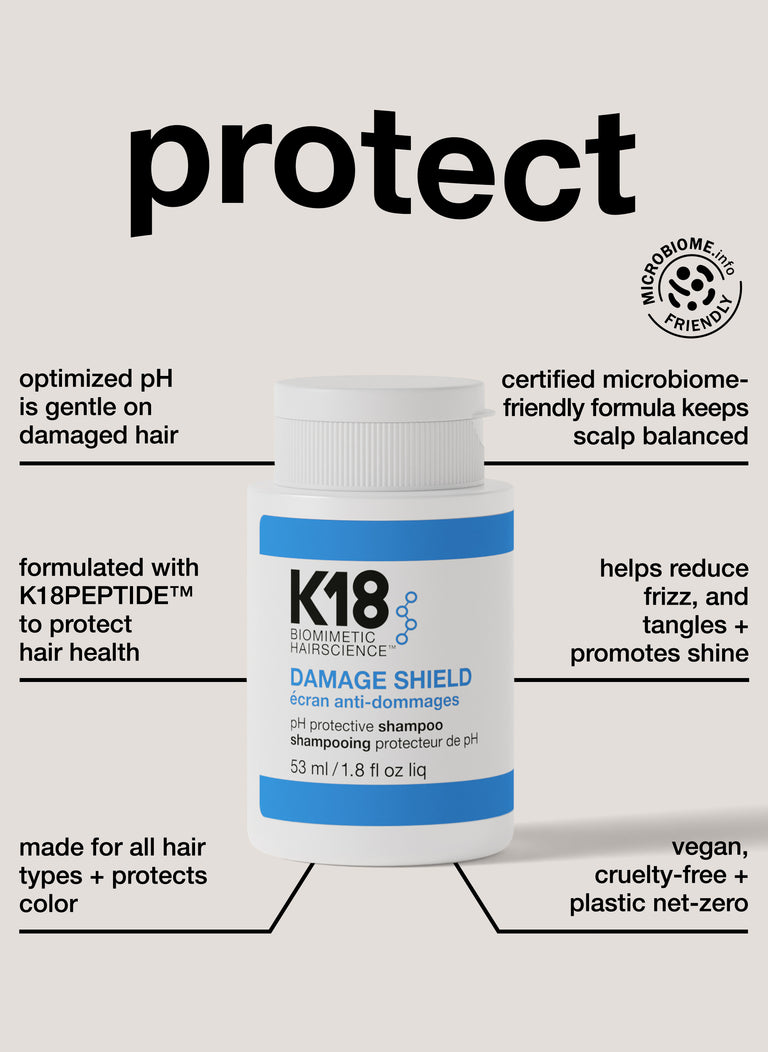 mini shampoo bottle with detailed description of benefits.