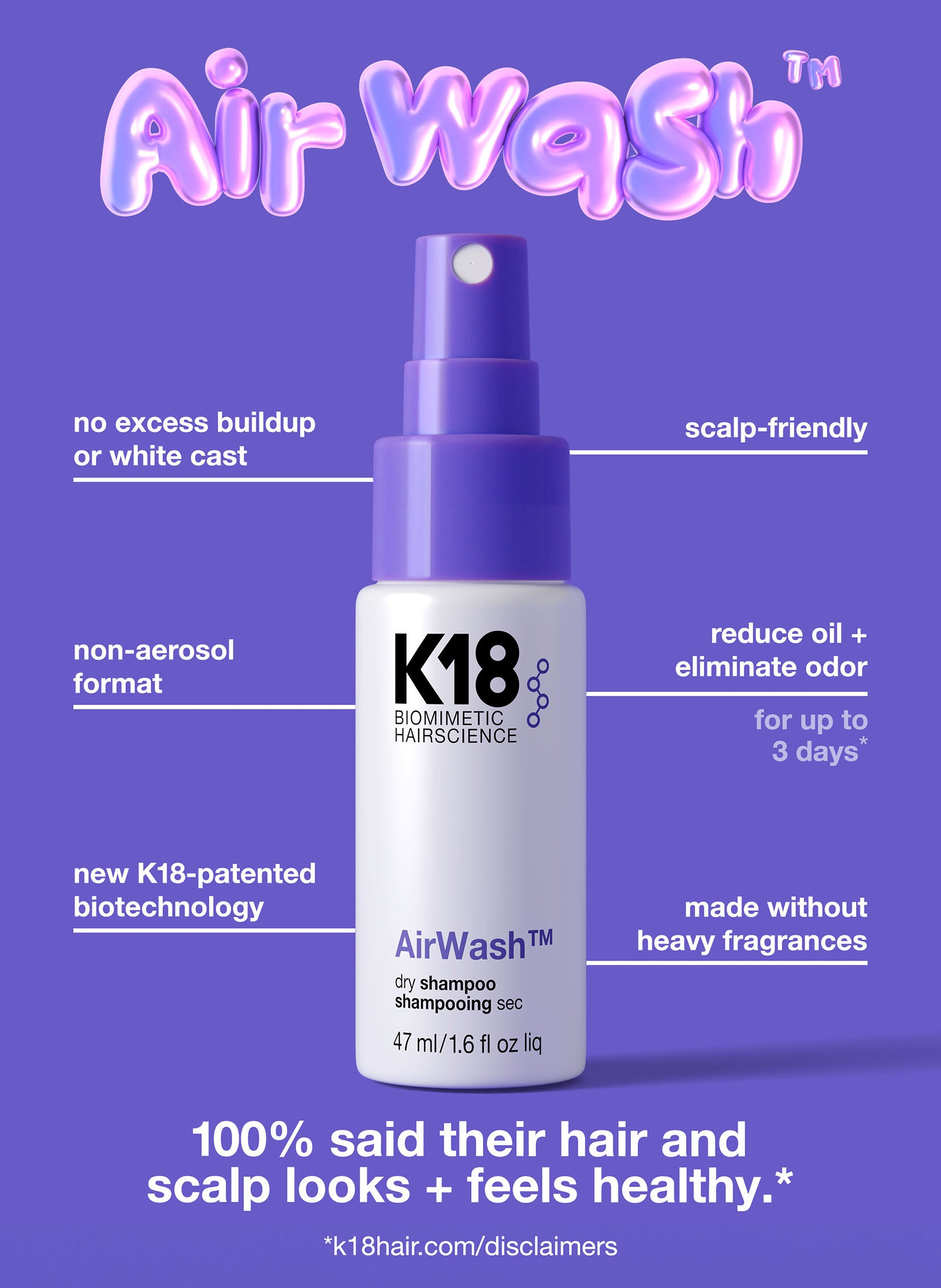 mini bottle of airwash dry shampoo surrounded by product details about how the product works. 