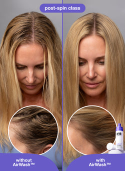 Before and after comparison of hair with and without AirWash product, showing a post-spin class scenario.