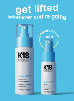Two K18 hair care products on a blue background with promotional text.