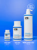 K18 hair care product bottles in various sizes on a blue background