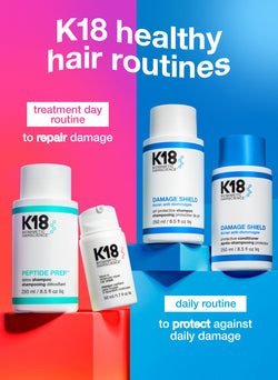 K18 hair care products on a colorful background with text about healthy hair routines.