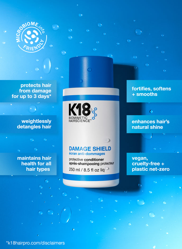 Image of conditioner: protects hair from damage for up to 3 days*, weightlessly detangles hair, maintains hair health for all hair types, fortifies, softens + smooths, enhancers hairs natural shine, vegan, cruelty-free + plastic net zero