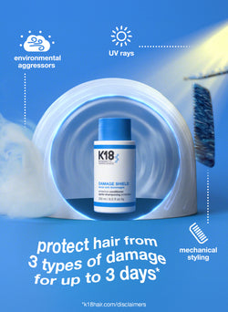 K18 Damage Shield hair care product with text on a blue background