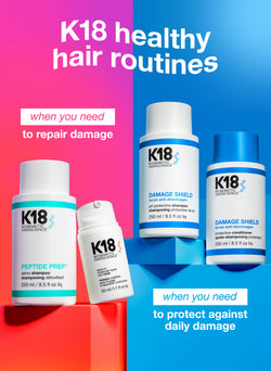 Image of K18 routine: K18 healthy hair routines, when you need to repair damage (detox shampoo + leave-in mask, when you need to protect against daily damage (pH shampoo + conditioner)