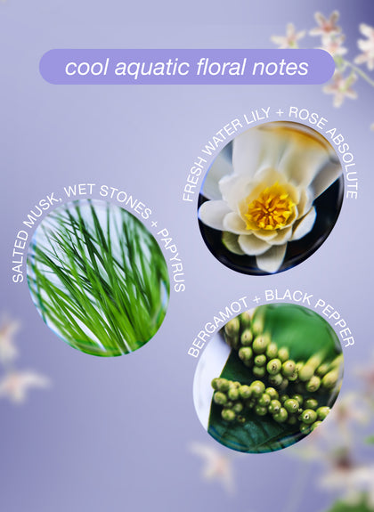 Floral and aquatic elements with text on a purple background