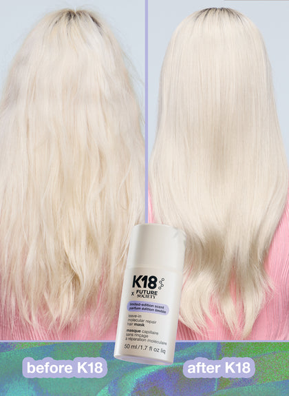 Before and after comparison of hair using K18 product on a blue and green gradient background.