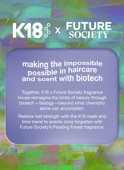 Infographic for K18 x Future Society collaboration on haircare and scent with biotech, featuring a colorful abstract background
