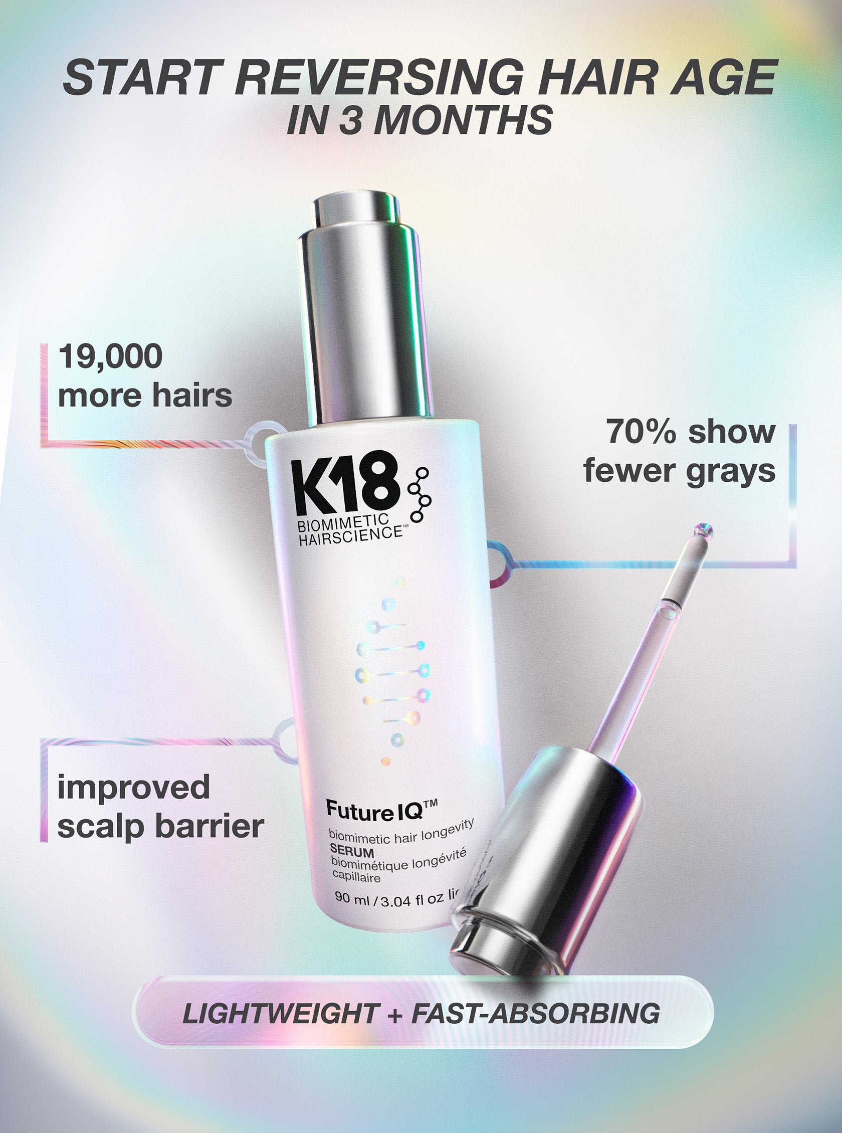 K18 hair care product with text on a gradient background