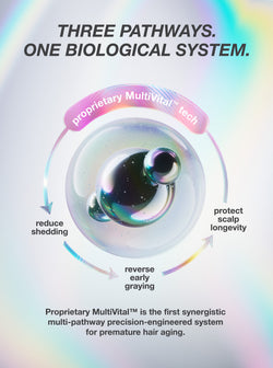 Infographic for a hair care product with a multicolored circular design and text about biological system pathways.