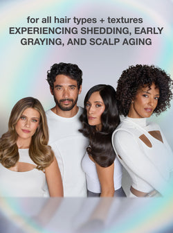 Four people with different hair types and textures against a gradient background, promoting hair care solutions.