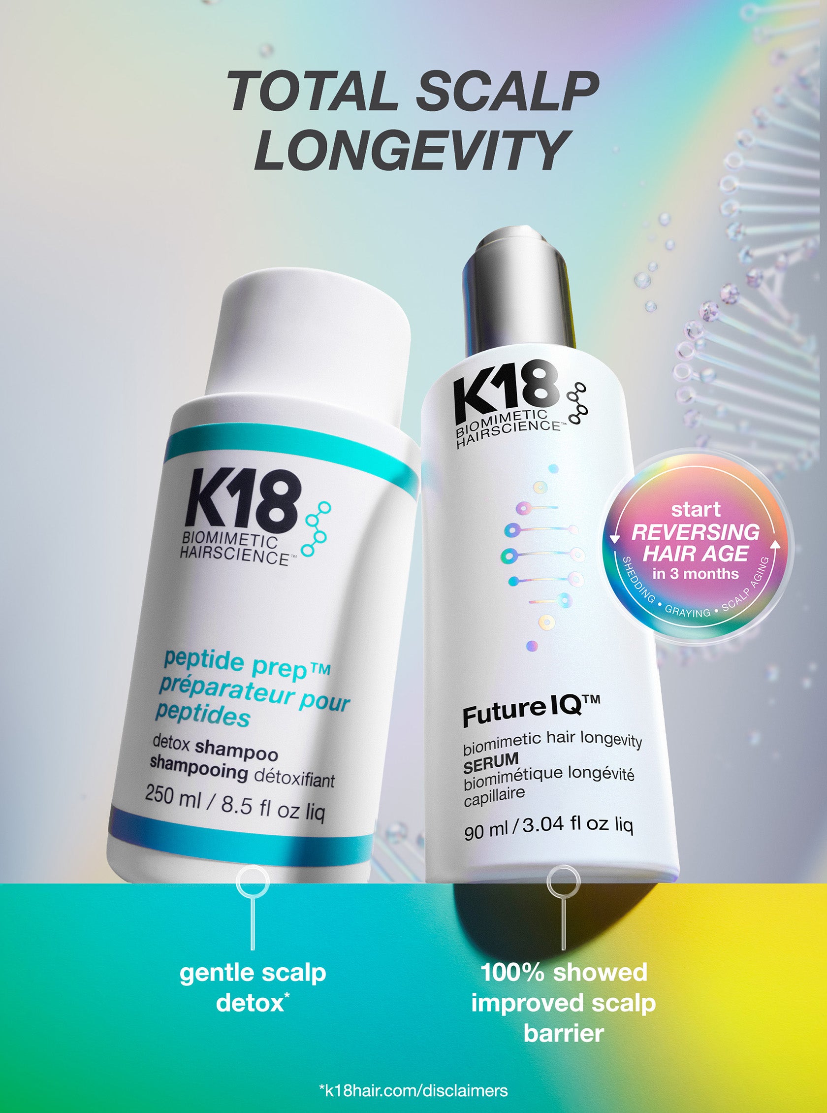 K18 hair care products with text on total scalp longevity and benefits.