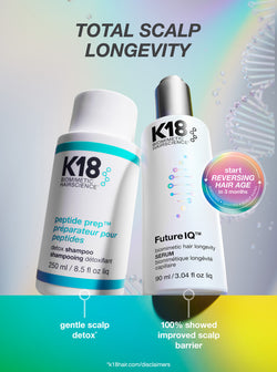 K18 hair care products with text on total scalp longevity and benefits.