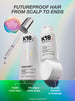 K18 hair care products with text highlighting benefits on a gradient background