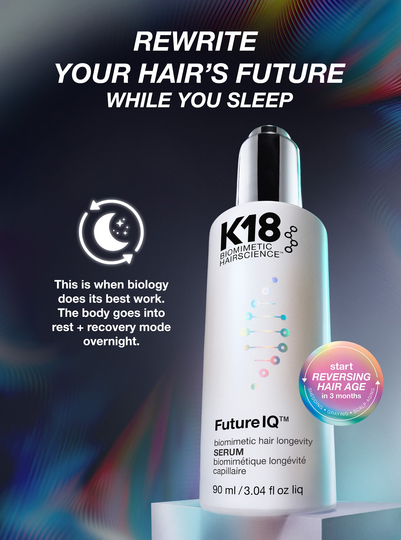 K18 hair serum bottle with promotional text on a dark background