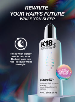 K18 hair serum bottle with promotional text on a dark background