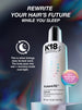 K18 hair serum bottle with promotional text on a dark background