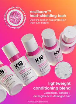 K18 Heatbounce Heat protectant with ressilicore heat-shielding technology on a pink background