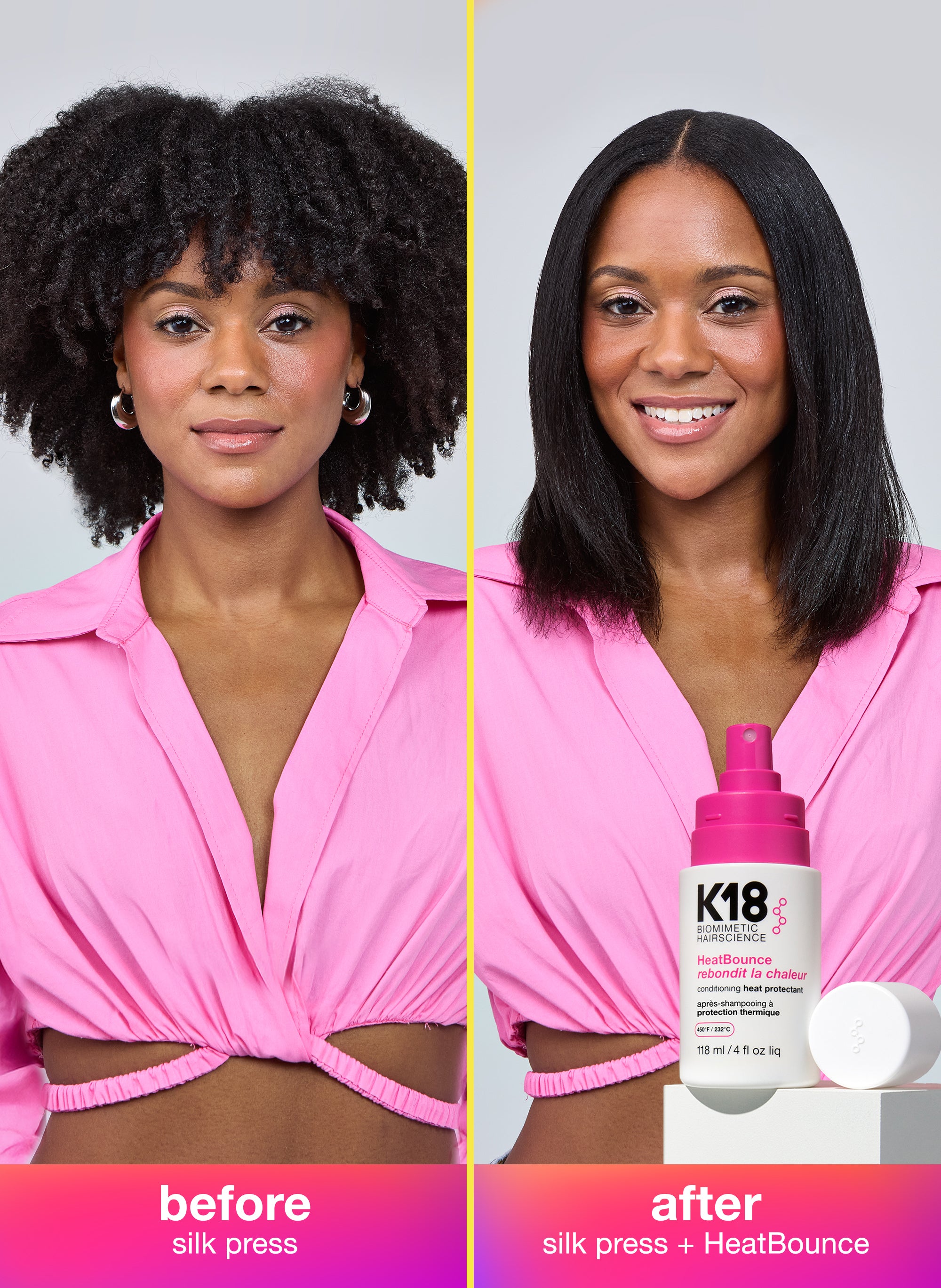 Before and after comparison of a woman with hair treated using K18 products.