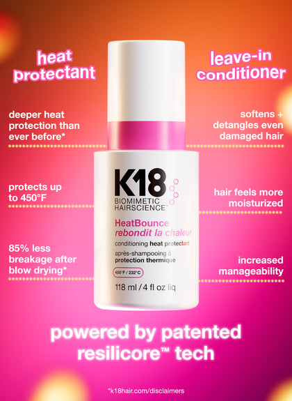 K18 leave-in conditioner bottle with promotional text on a colorful background