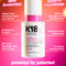 K18 leave-in conditioner bottle with promotional text on a colorful background