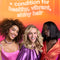 Three women with styled hair against a colorful background with text about hair care.