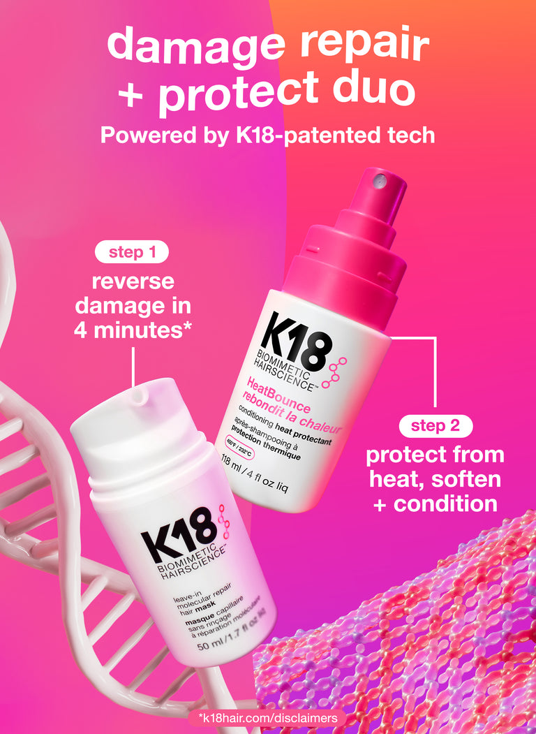k18-heat-bounce-and-hair-mask-products-on-a-pink-background-with-text-about-damage-repair-and-protection