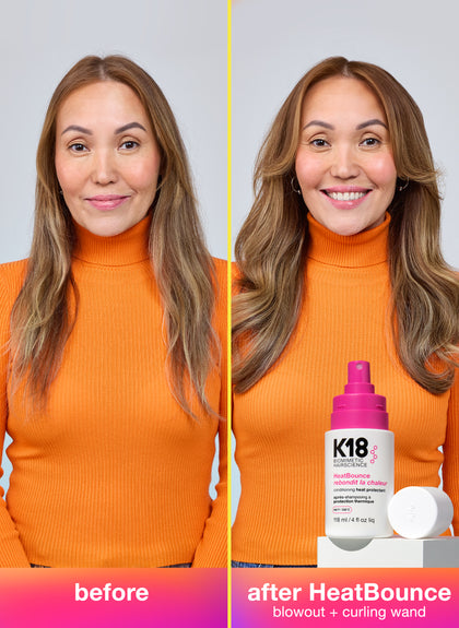 Before and after comparison of a woman's hair with K18 HeatBounce product.