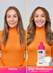 Before and after comparison of a woman's hair with K18 HeatBounce product.