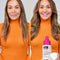 Before and after comparison of a woman's hair with K18 HeatBounce product.