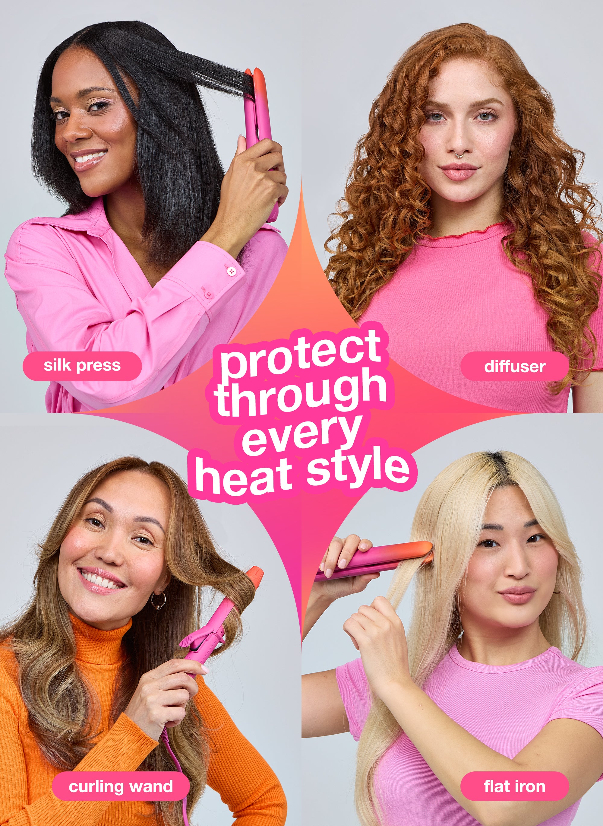 Four women using a hair styling tool with text indicating different styles you can do with heatbounce. 