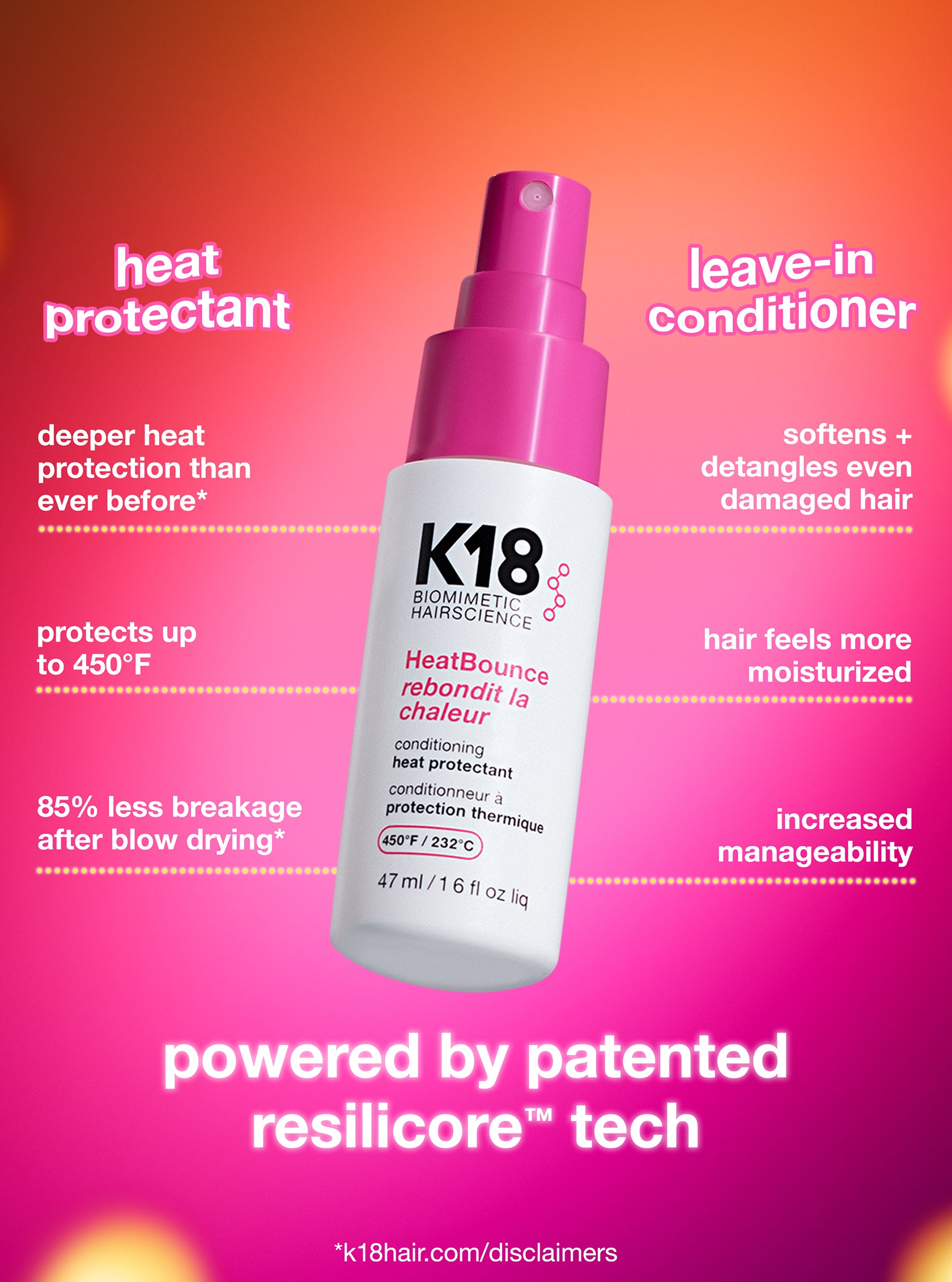 K18 heat protectant and leave-in conditioner bottle with text on a pink and orange gradient background