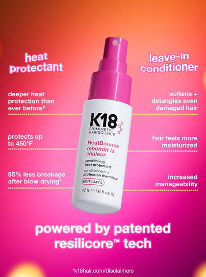 K18 heat protectant and leave-in conditioner bottle with text on a pink and orange gradient background