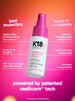 K18 heat protectant and leave-in conditioner bottle with text on a pink and orange gradient background