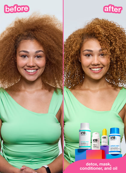 Woman with Curly red hair before and after using a k18 hair repair routine. 